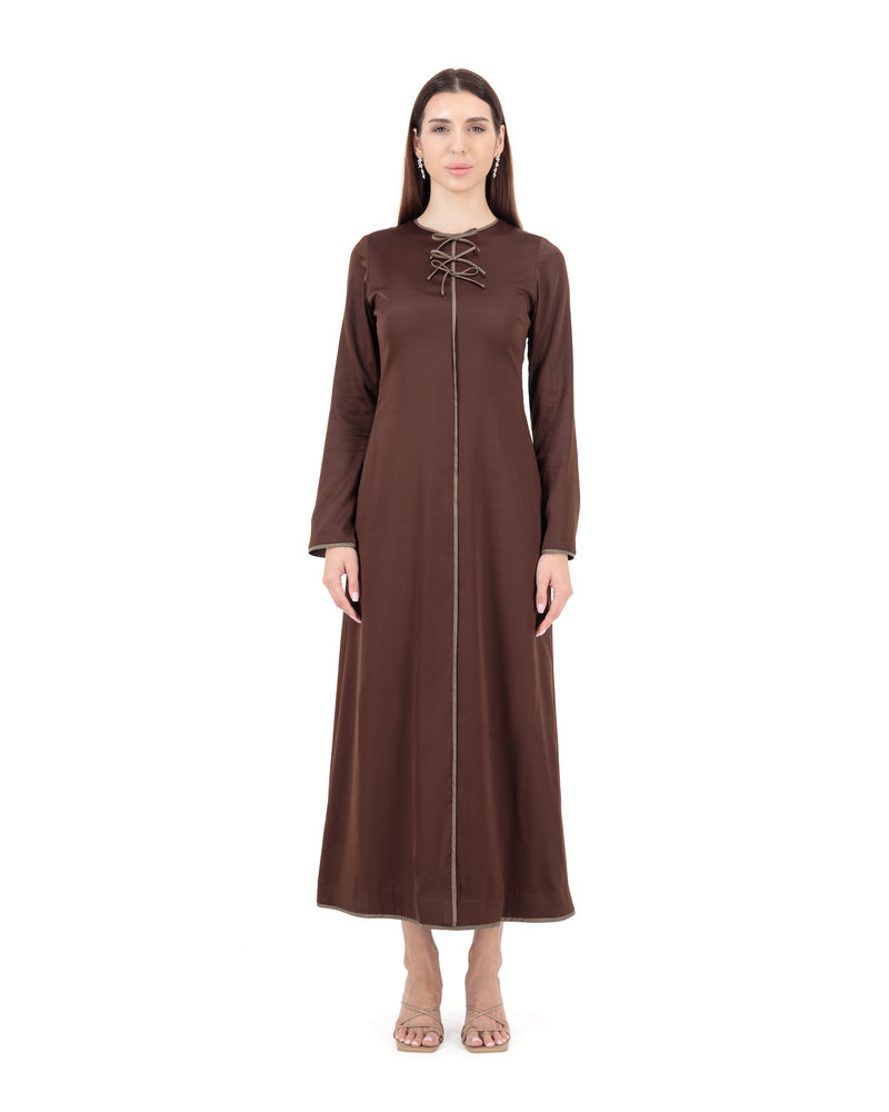 FAUX LEATHER-TRIMMED SLIP DRESS