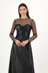 FAUX LEATHER X LACE LONG SLEEVES DRESS