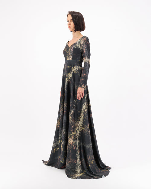 SILK SATIN SHIMMER LINES PRINTED GOWN
