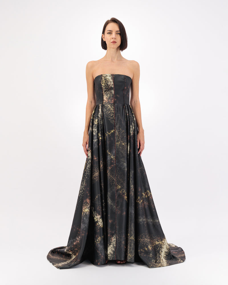 SATIN GLITTER LINES PRINTED GOWN