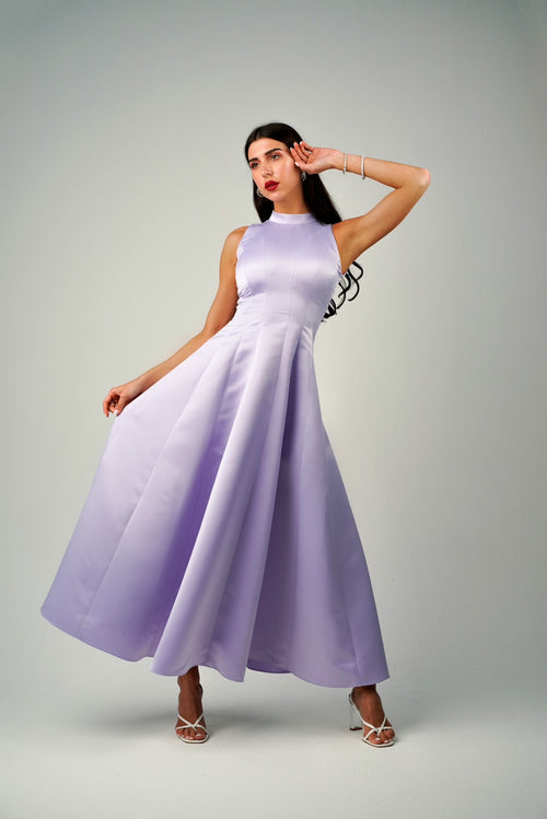 SEAMED SATIN HIGH-NECK DRESS