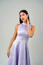 SEAMED SATIN HIGH-NECK DRESS