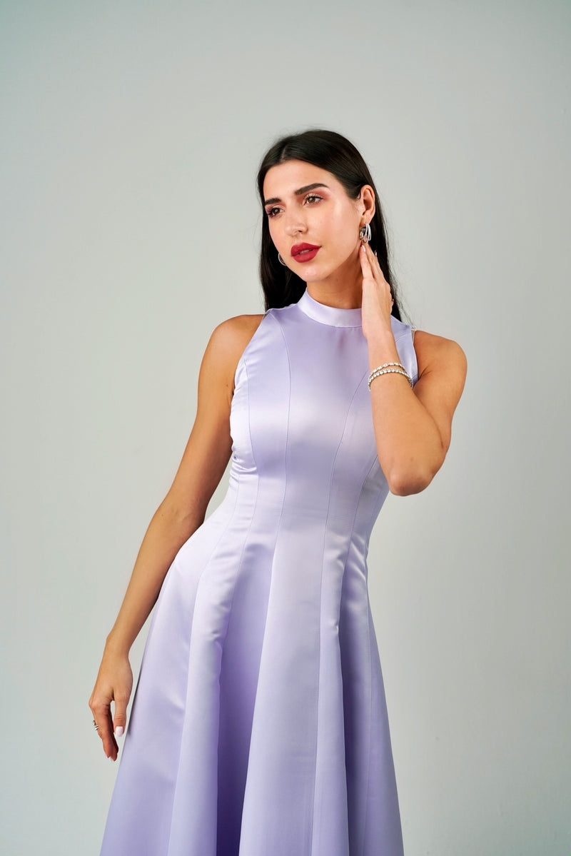 SEAMED SATIN HIGH-NECK DRESS