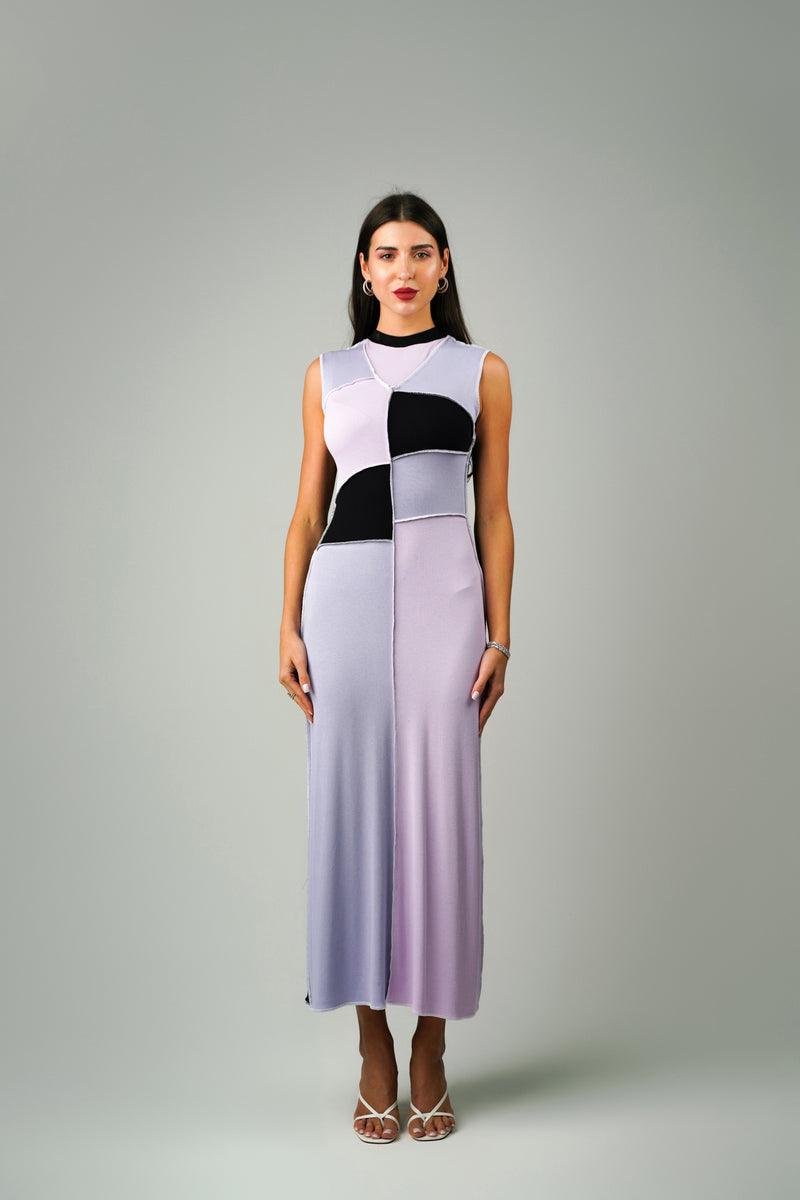 RIBBED COLOR BLOCKED EXPOSED SEAM DRESS
