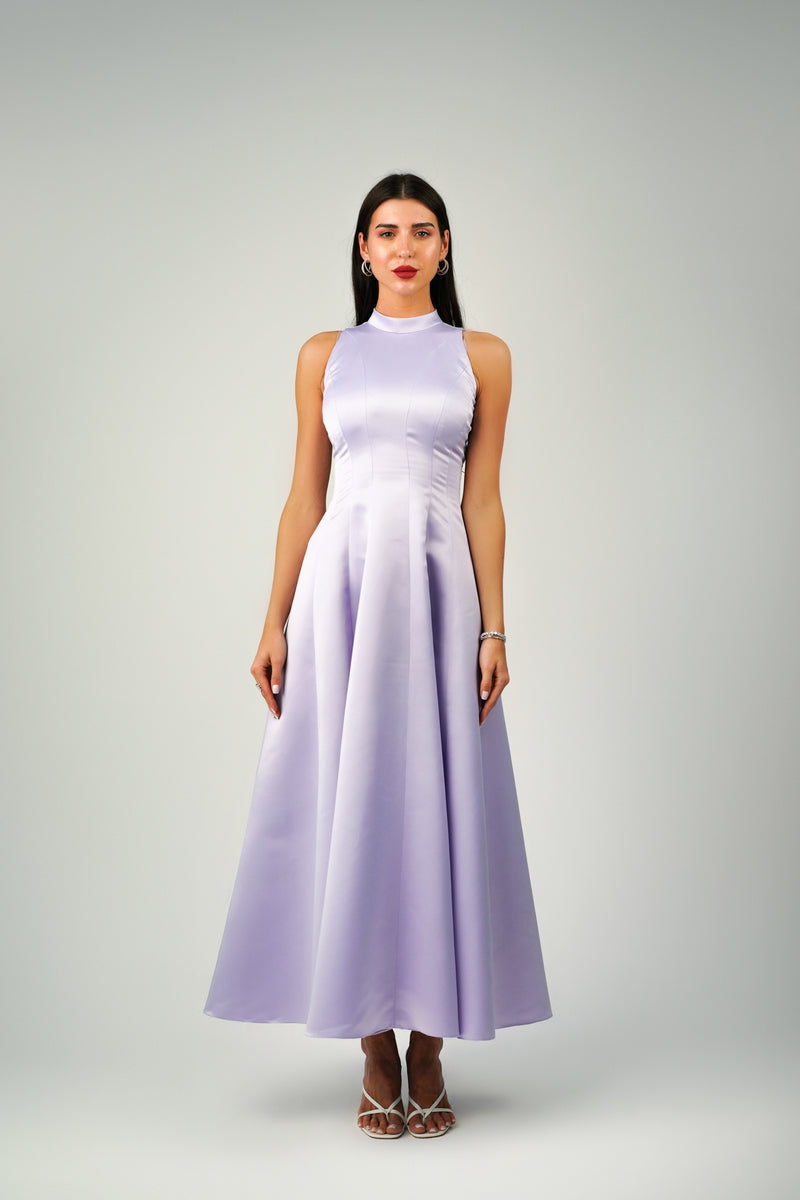 SEAMED SATIN HIGH-NECK DRESS