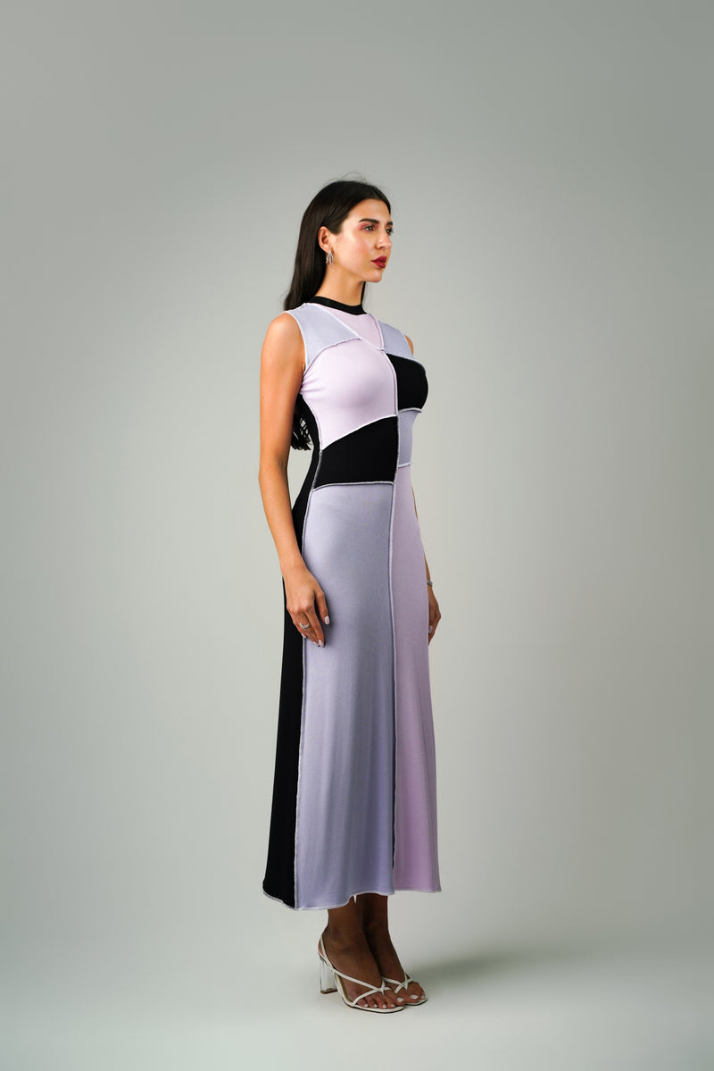 RIBBED COLOR BLOCKED EXPOSED SEAM DRESS