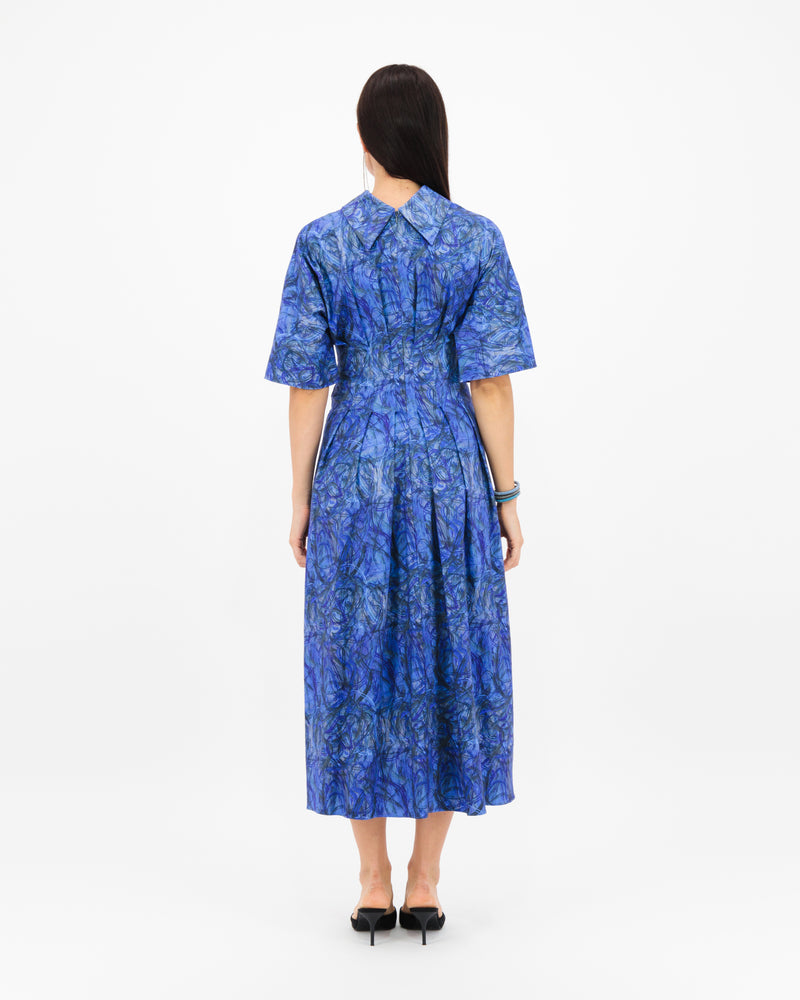 PRINTED LINEN SNATCHED WAIST DRESS